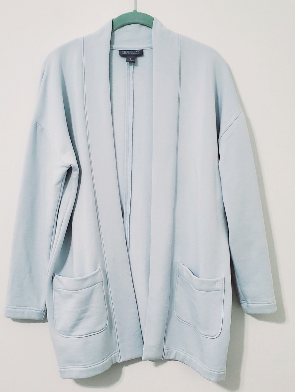 Free Fly Bamboo Fleece Open Front Cardigan Heron Blue Womens Large